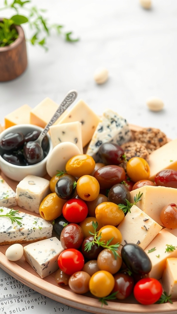 A colorful platter featuring marinated olives and assorted cheeses, garnished with fresh herbs.