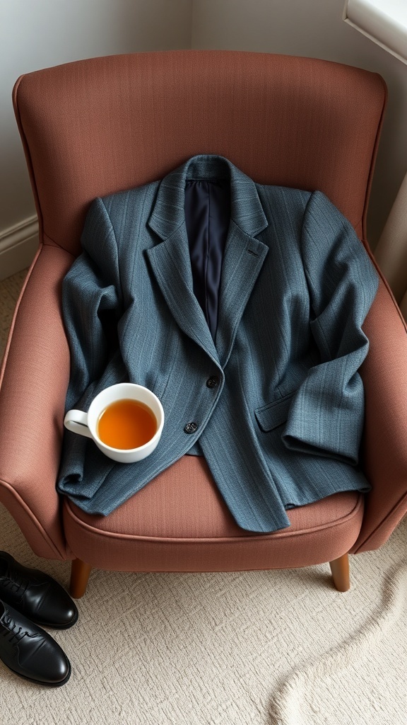 A classic wool blazer draped over an armchair with a cup of tea and black shoes nearby.