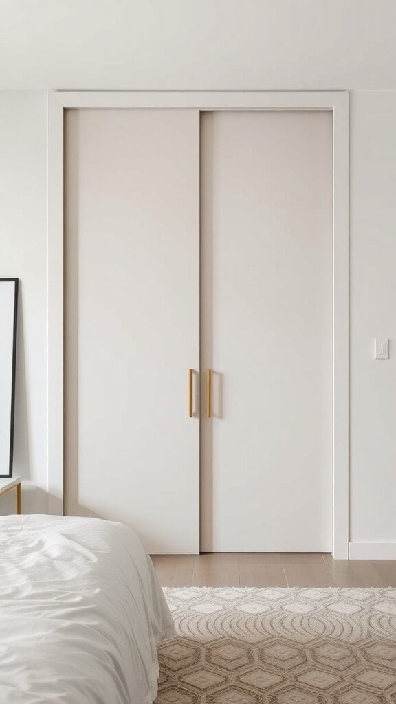 A minimalist sliding door wardrobe in a bedroom with light colors and simple handles.
