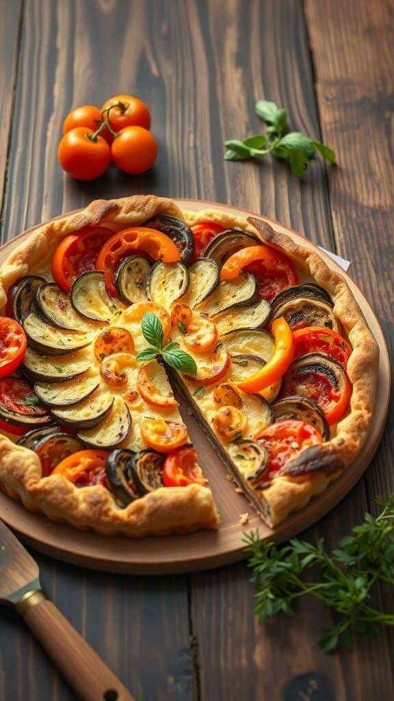 A beautifully arranged roasted vegetable tart with zucchini, eggplant, and bell peppers on a wooden table.