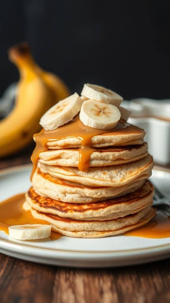 A stack of fluffy banana pancakes topped with sliced bananas and drizzled with syrup.