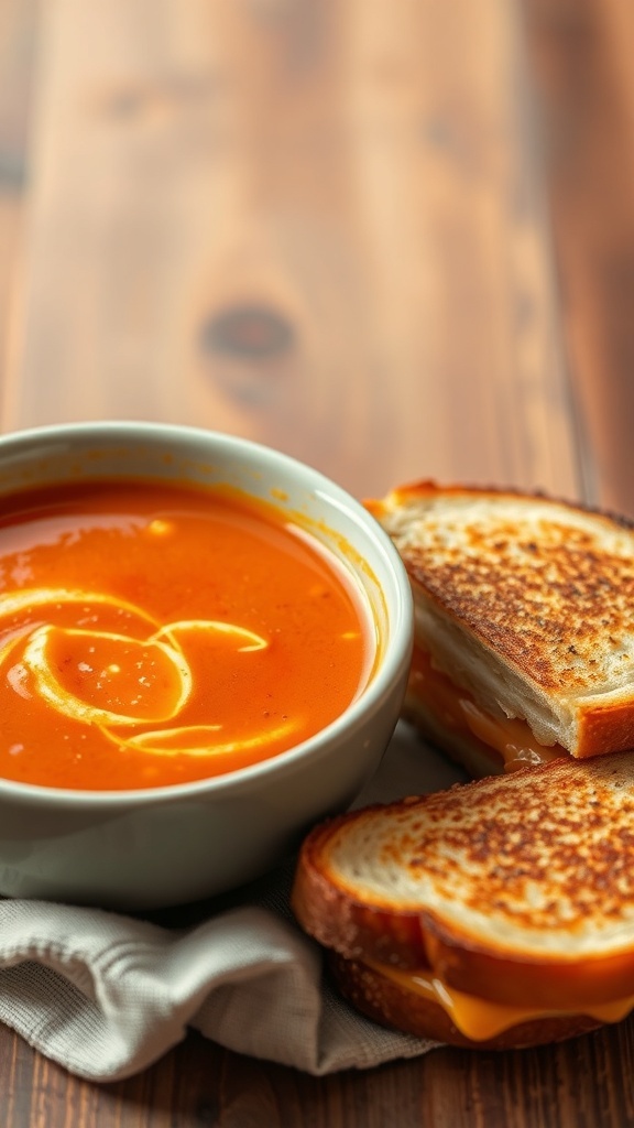 A bowl of creamy tomato soup with a grilled cheese sandwich on the side.