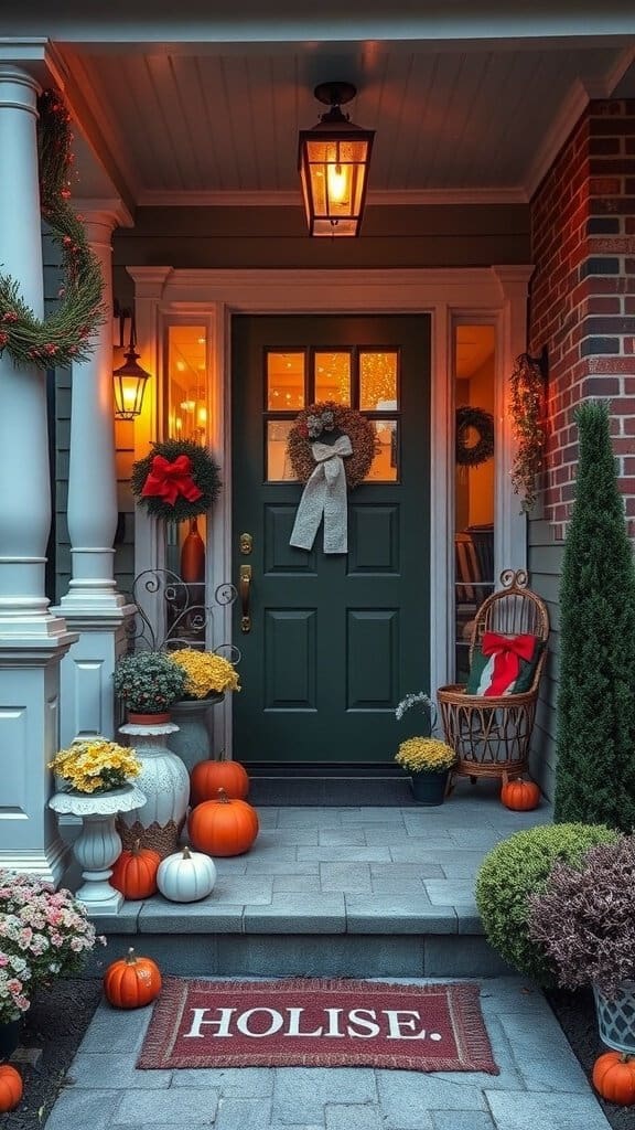 A beautifully decorated front porch with warm lights, natural elements, and a cozy vibe.