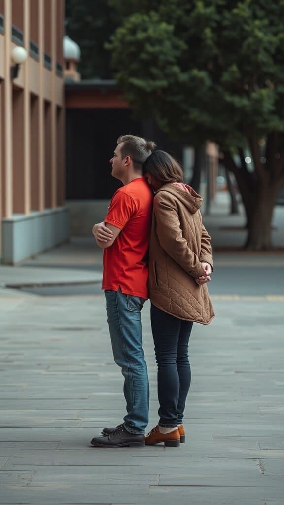 A couple standing back-to-back, symbolizing personal space and connection.