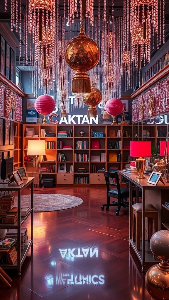 A room filled with shiny decor, including metallic lanterns and reflective surfaces, creating a chaotic feel.