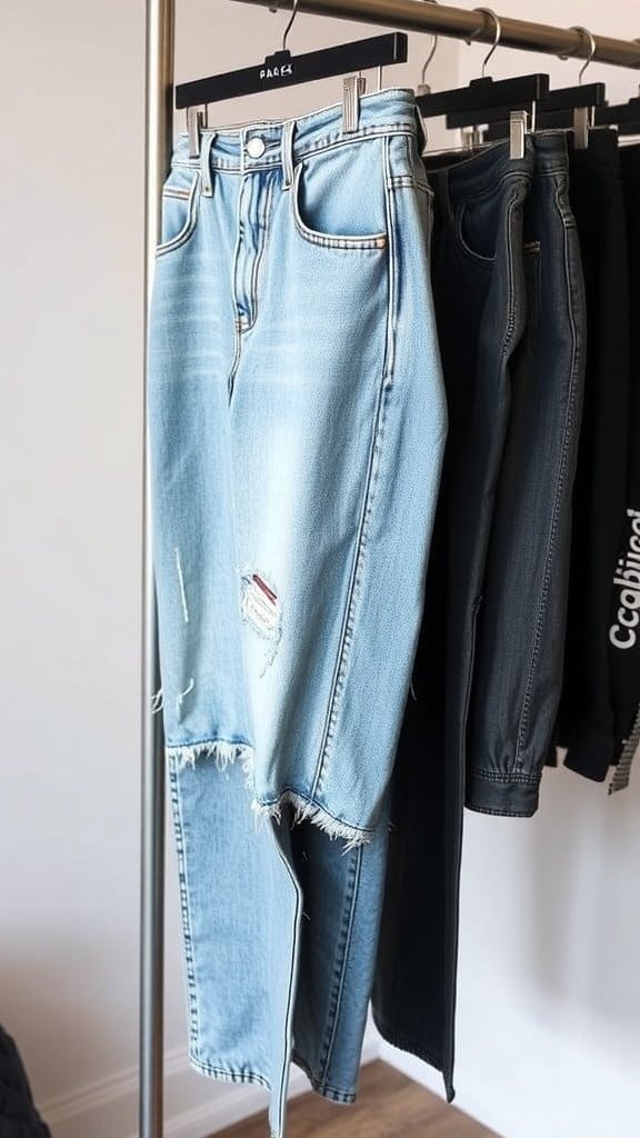 A pair of distressed denim jeans hanging on a rack, showcasing an outdated trend.