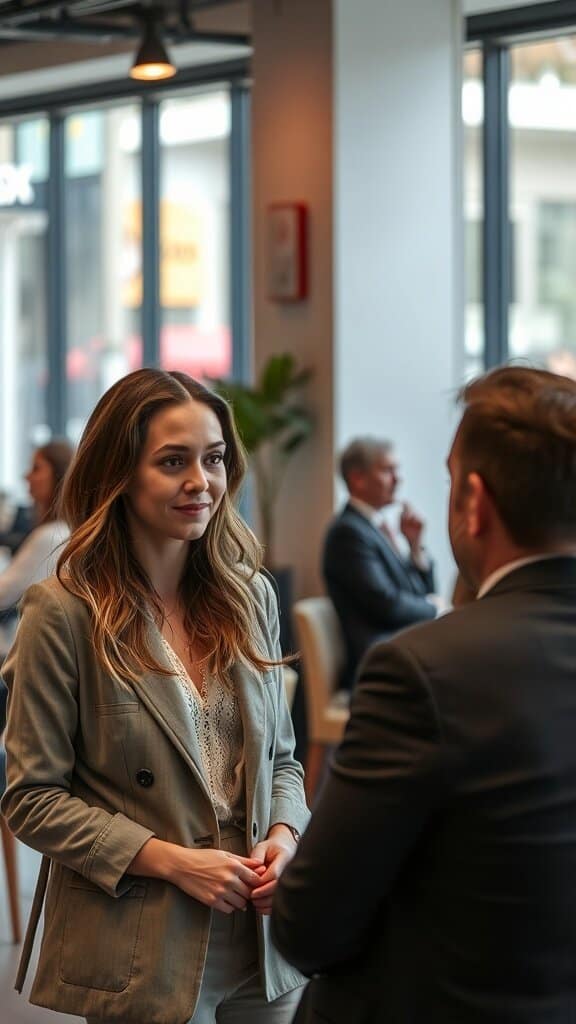 A woman and a man engaged in conversation, maintaining eye contact in a bright, modern setting.