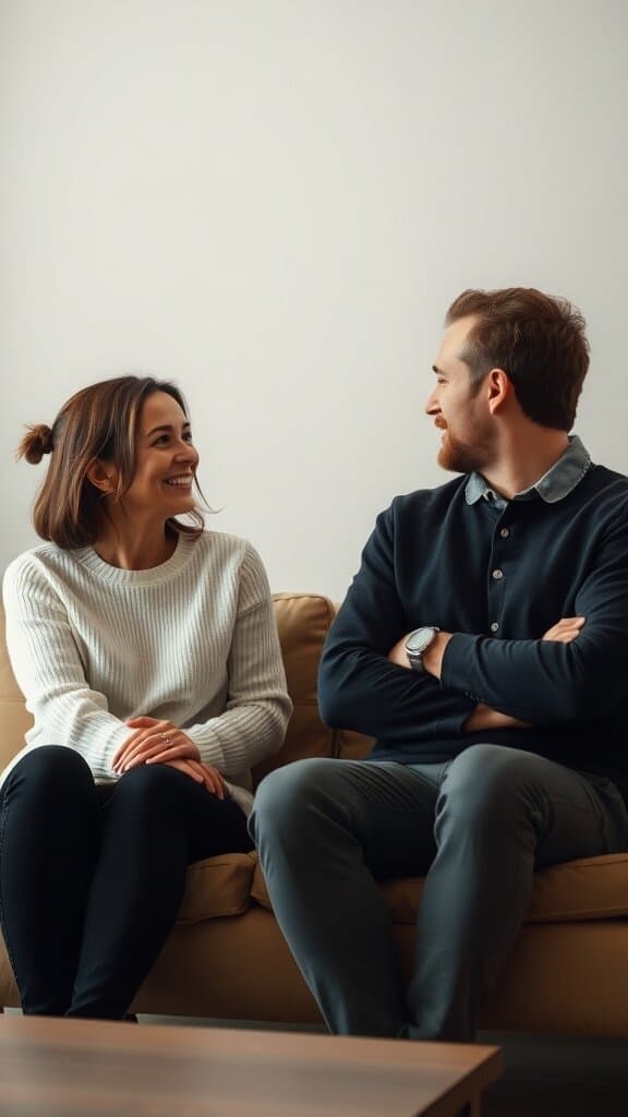 A couple smiling at each other while sitting on a couch, showcasing a moment of connection.
