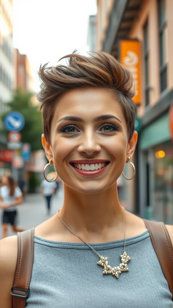 A woman with a bold haircut smiling confidently in a city setting.