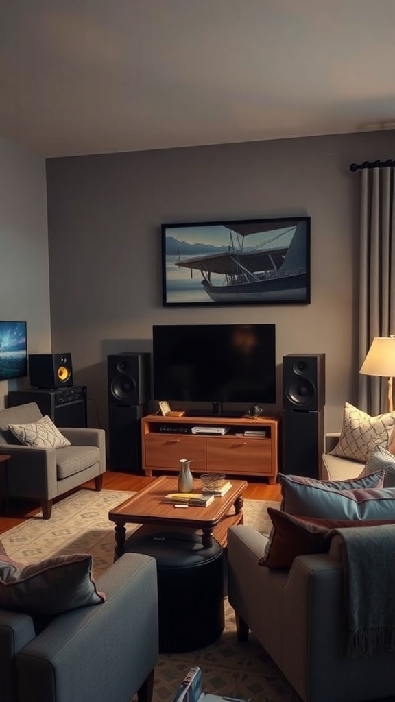 A modern living room featuring a large TV and speakers, showcasing a cozy yet potentially loud environment.