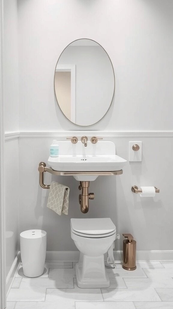 A modern bathroom with an accessible sink featuring knee space, stylish fixtures, and a clean design.