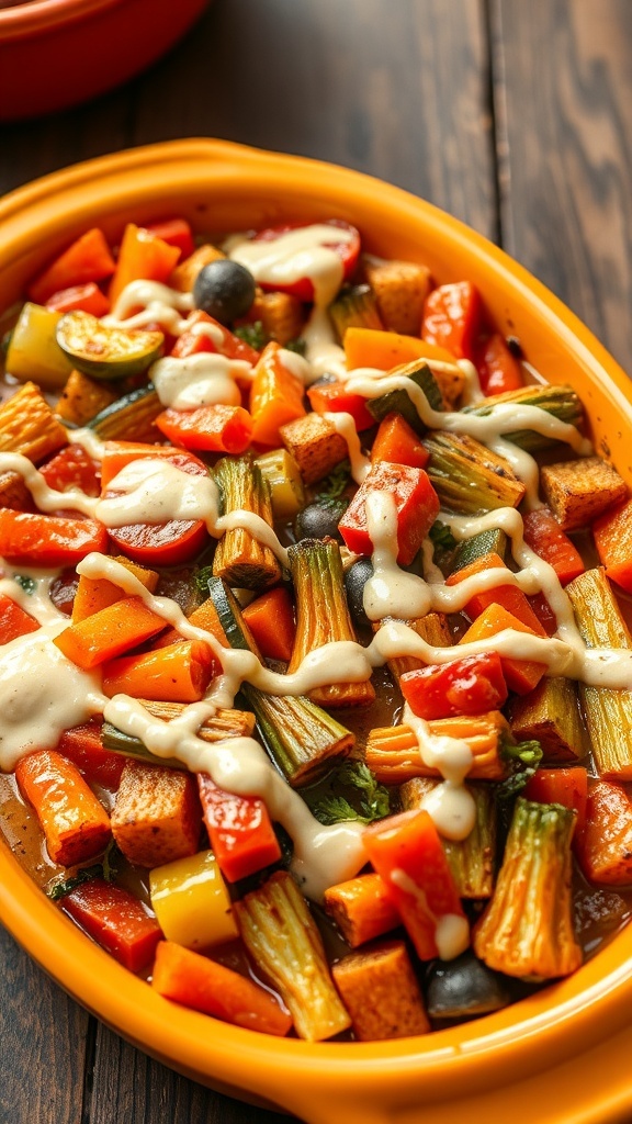 A colorful vegetable casserole with cream sauce, featuring a mix of bell peppers, zucchini, and carrots, topped with a creamy sauce.