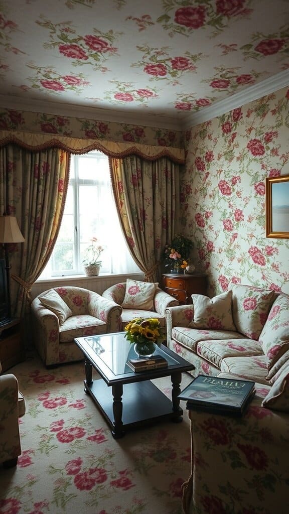 A living room filled with floral patterns on the walls, furniture, and carpet, creating a busy and overwhelming atmosphere.