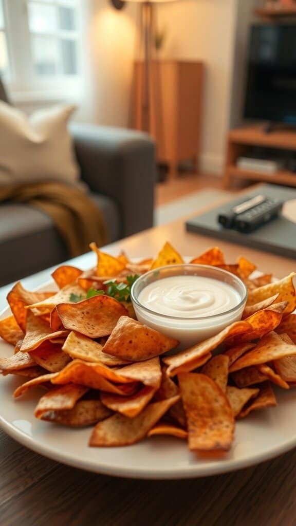 A plate of dry nachos with a small bowl of dip in the center, set on a wooden table.