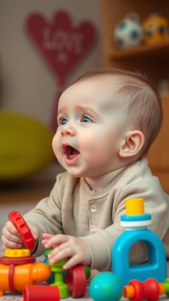 A happy baby playing with colorful toys, showing excitement and engagement.