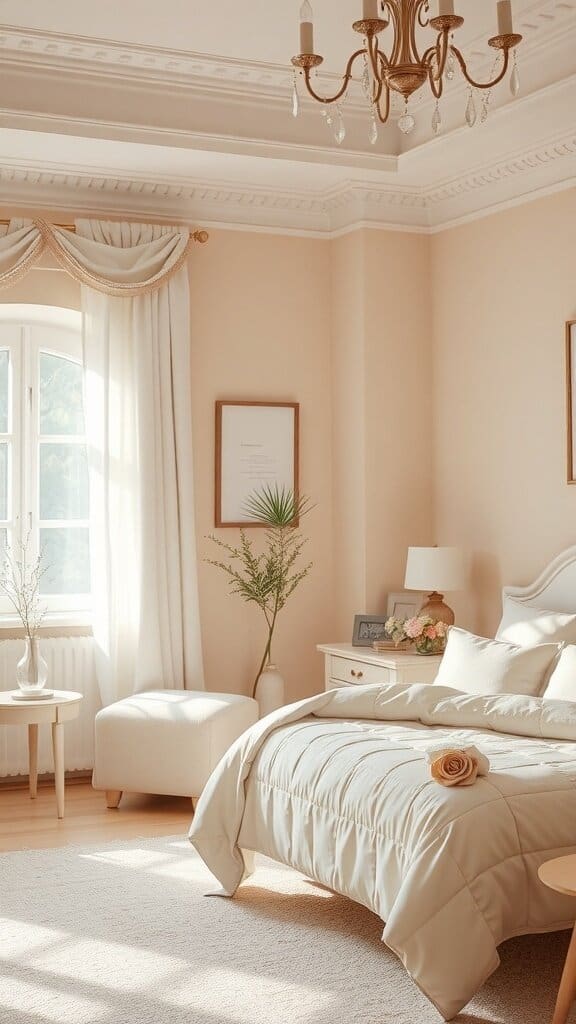 A serene bedroom with pastel color schemes, featuring light beige walls, soft bedding, and natural light.