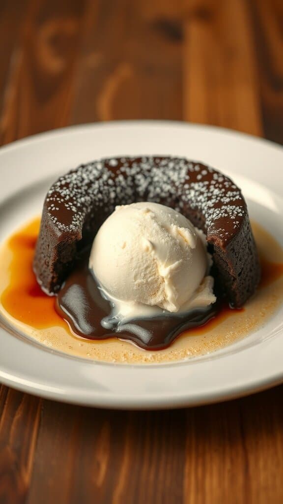 Chocolate lava cake with vanilla ice cream on a plate.