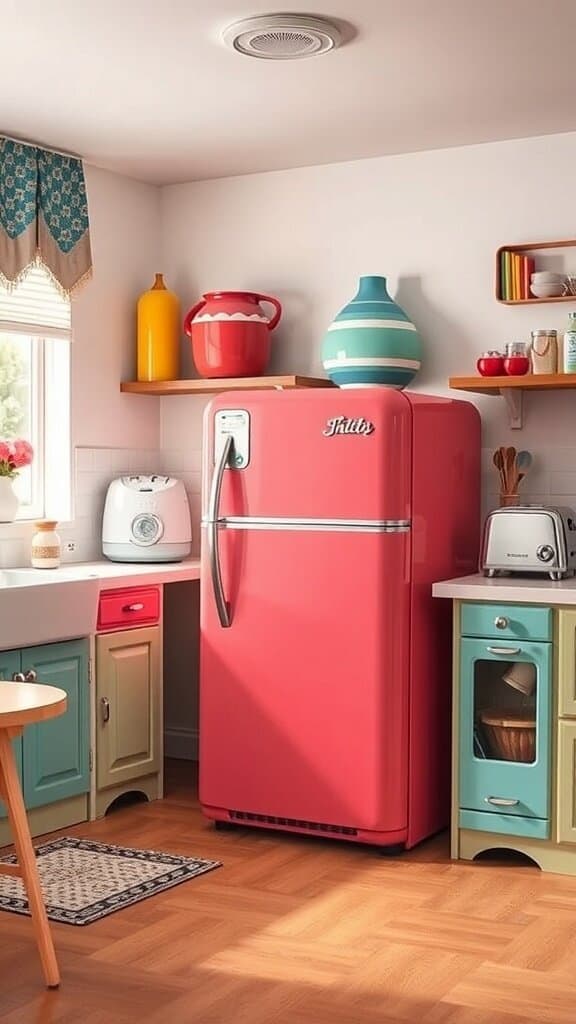 A colorful kitchen featuring a pink refrigerator, blue and red kitchenware, and retro decor.