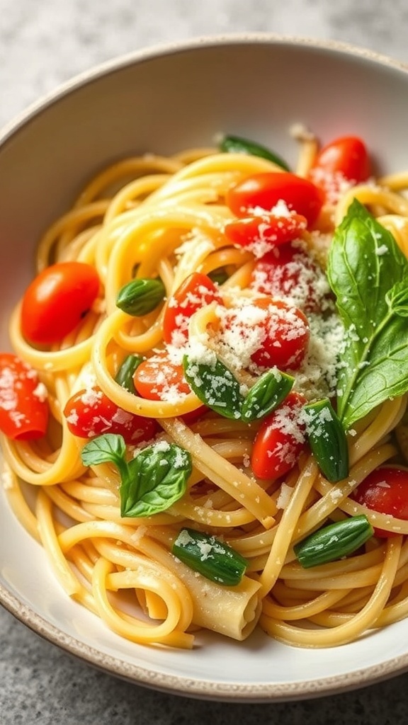 A bowl of Pasta Primavera with spaghetti, cherry tomatoes, and fresh basil.