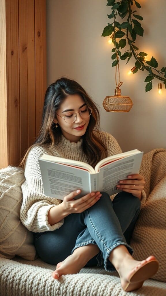 A woman reading a book in a cozy setting, reflecting her passion for personal growth.