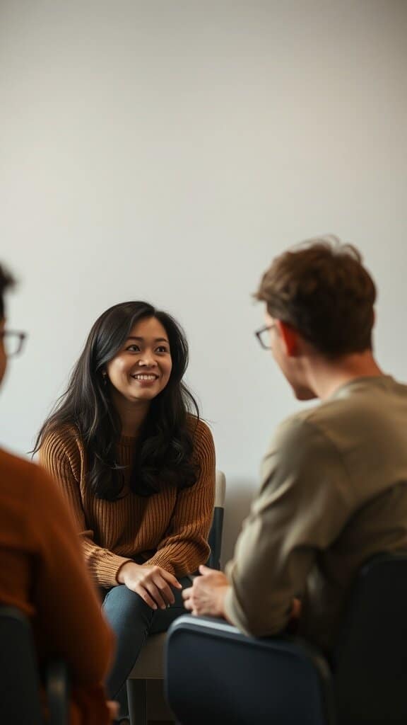 A woman smiling and engaging in conversation with two people, demonstrating active listening skills.