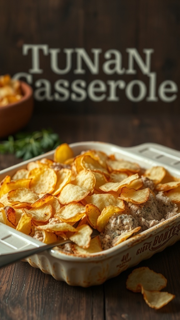 A tuna casserole topped with crispy potato chips in a baking dish.