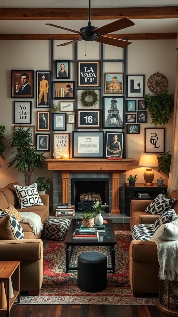A cozy living room with a gallery wall filled with various framed artworks and photographs, surrounded by comfortable seating and decorative elements.