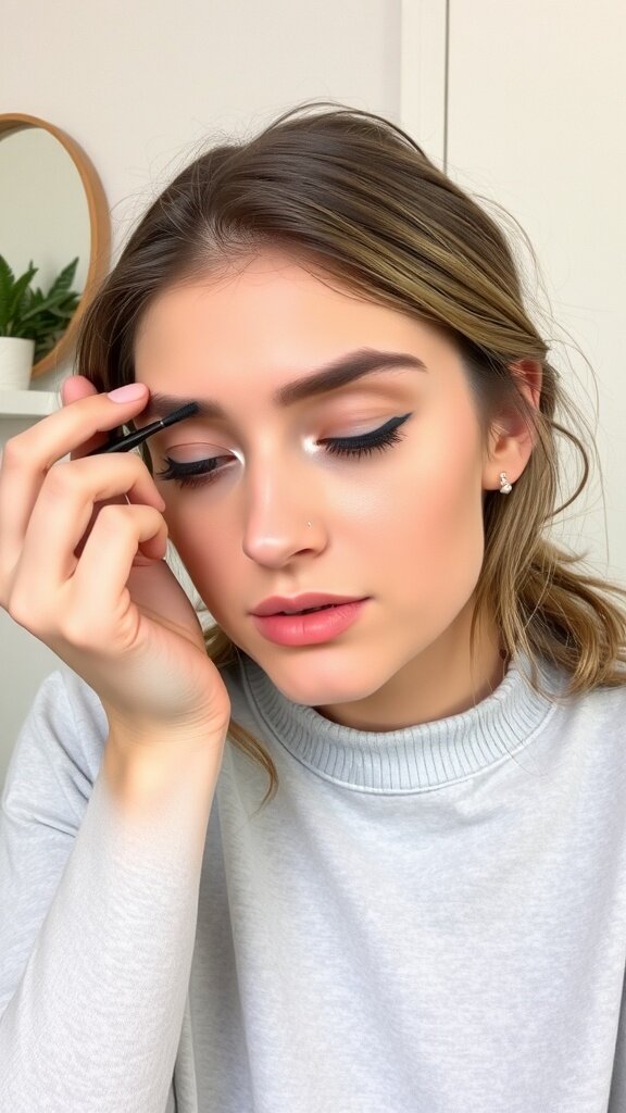 A woman applying subtle eyeliner in front of a mirror, showcasing a classy makeup look.