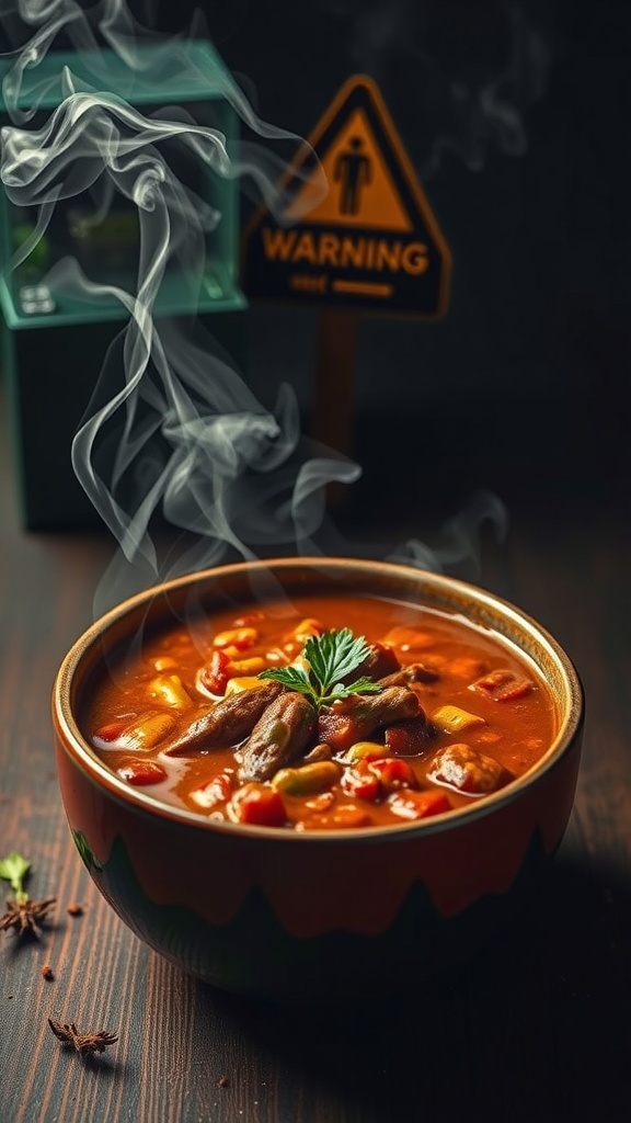 A steaming bowl of chili with a warning sign in the background