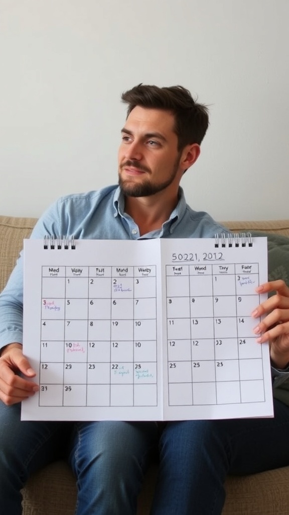 A man holding a calendar, looking thoughtful, symbolizing planning and commitment.