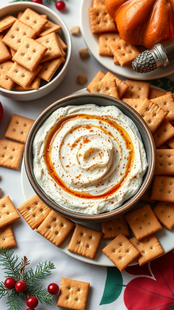 Cinnamon Roll Dip served with graham crackers, topped with caramel and cinnamon.