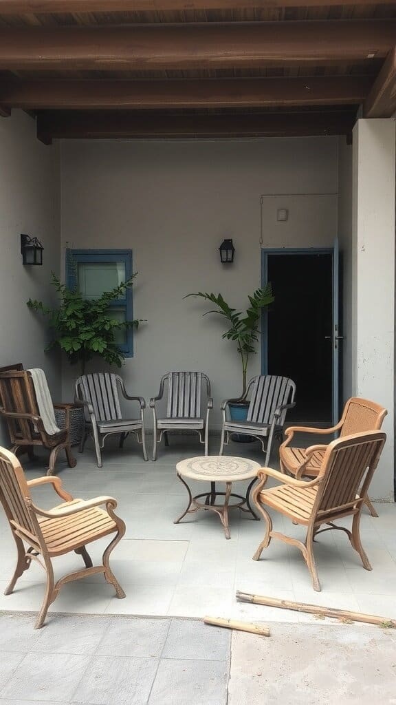 A cozy outdoor seating area with wooden chairs and a small table.