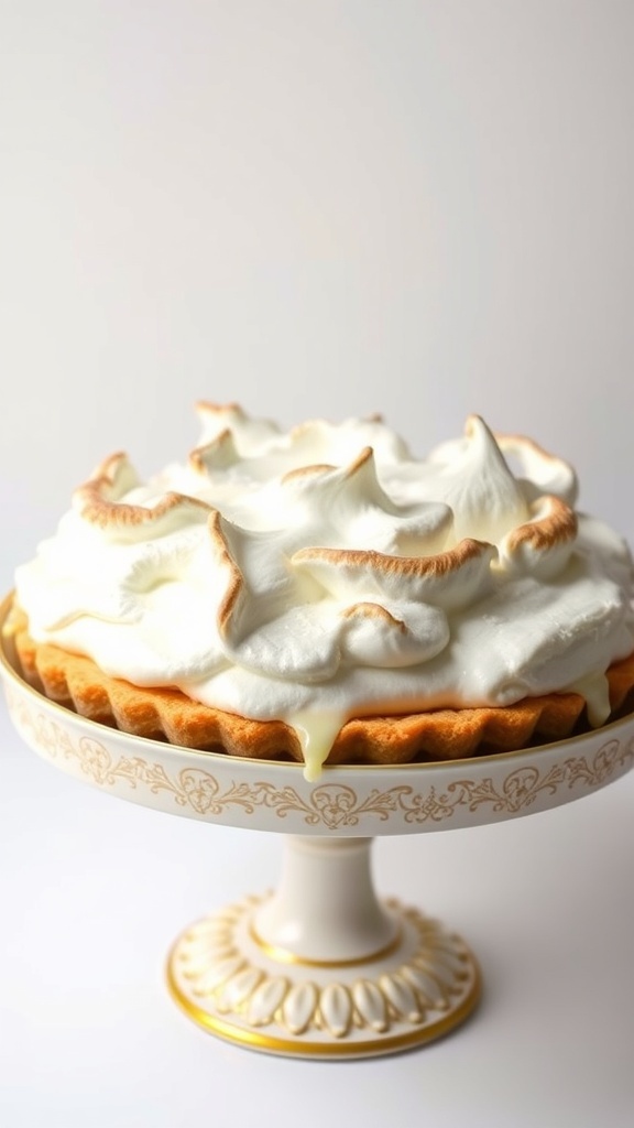 A beautifully toasted Lemon Meringue Pie on a decorative stand.