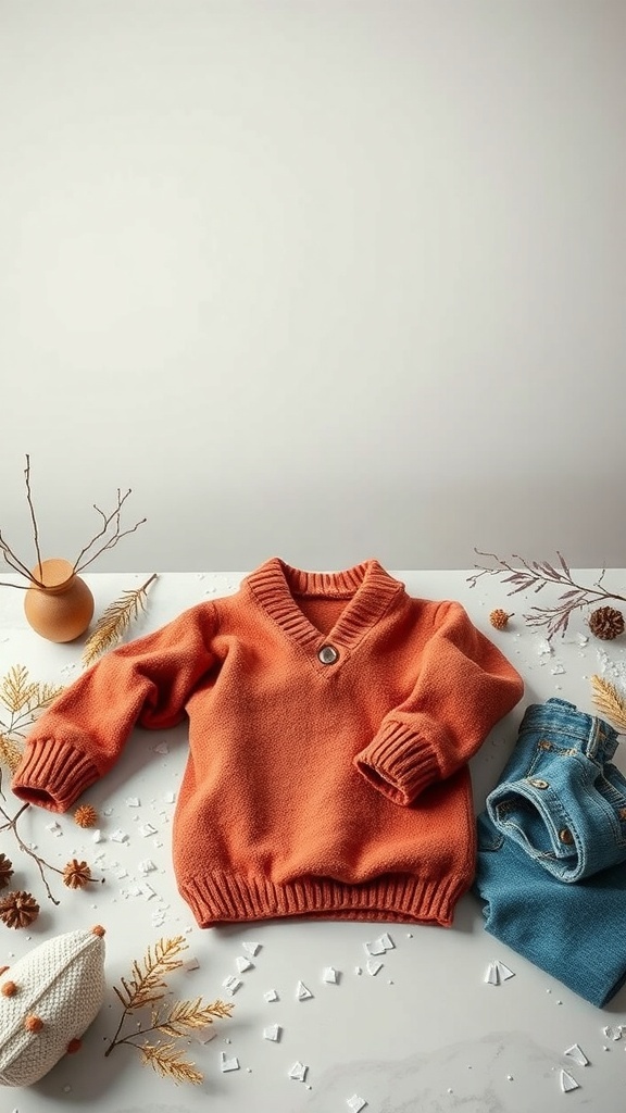 Cozy orange sweater with denim jeans and decorative elements