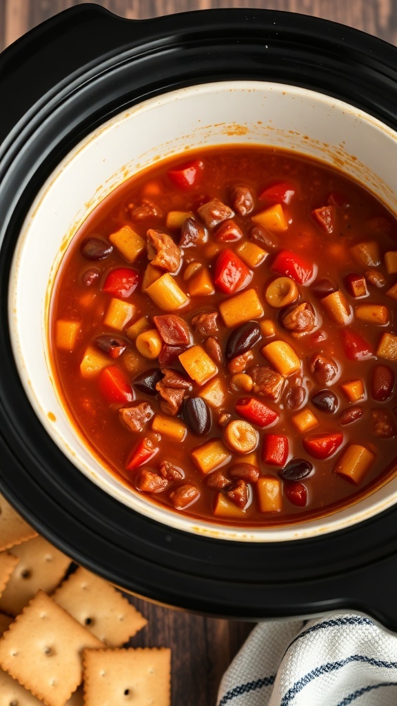 A slow cooker filled with colorful chili ingredients, including beans and vegetables, with crackers on the side.