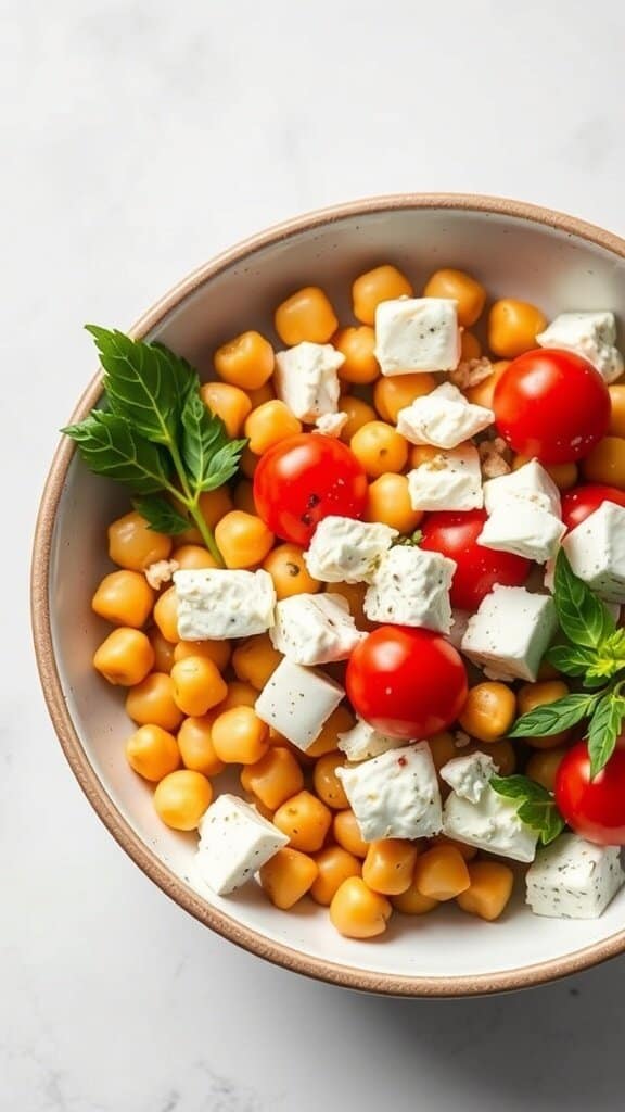 A bowl of chickpea salad with feta cheese, cherry tomatoes, and fresh herbs.