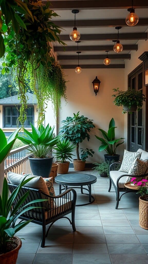 A cozy outdoor space with comfortable seating and lush plants, featuring warm lighting.
