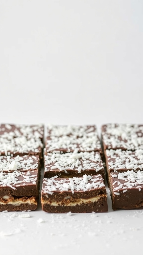 Chocolate coconut bars topped with shredded coconut, cut into squares