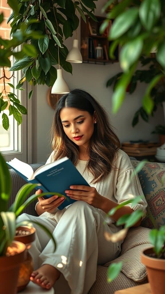 A woman reading a book in a cozy, plant-filled room.