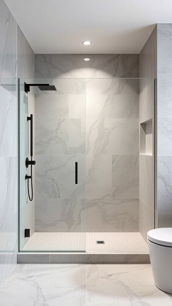 A modern curbless shower with marble tiles and a glass enclosure, showcasing a sleek and spacious design.