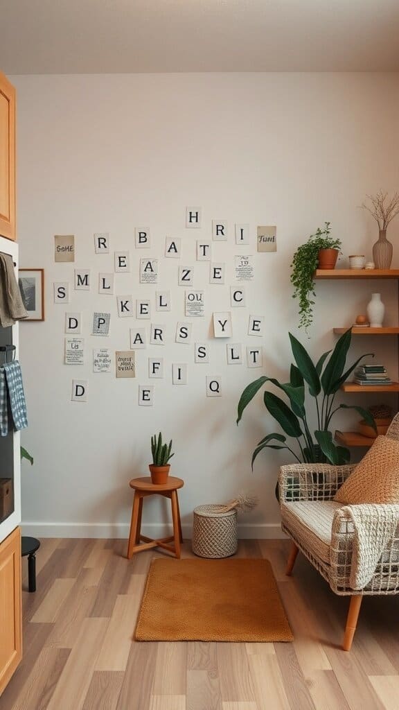 A cozy corner with a comfortable chair, plants, and a creative wall display.