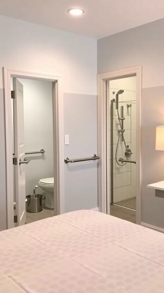 A cozy bedroom with an accessible bathroom featuring grab bars and a clear layout.