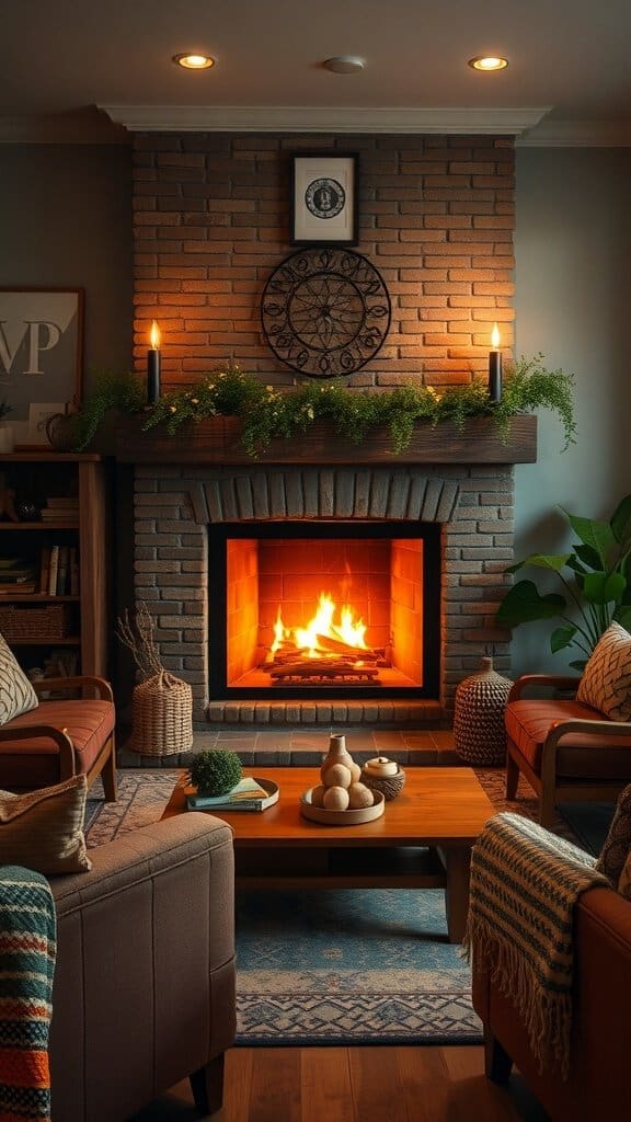 Cozy living room with a fireplace, comfortable seating, and warm lighting