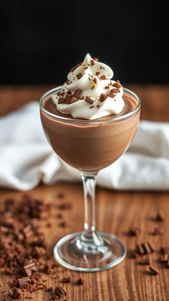 A glass of chocolate mousse topped with whipped cream and chocolate shavings, surrounded by chocolate shavings on a wooden table.