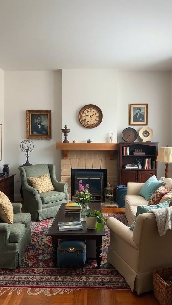 Cozy living room with green chairs, a light sofa, family portraits on the wall, and a clock above the fireplace.
