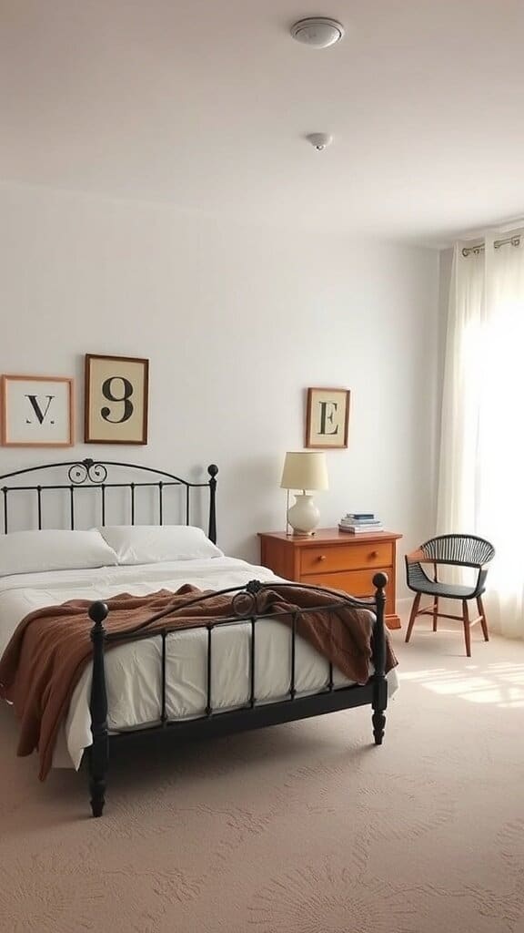 A simple guest bedroom with minimal decor, featuring a black bed frame, white bedding, and a wooden nightstand.