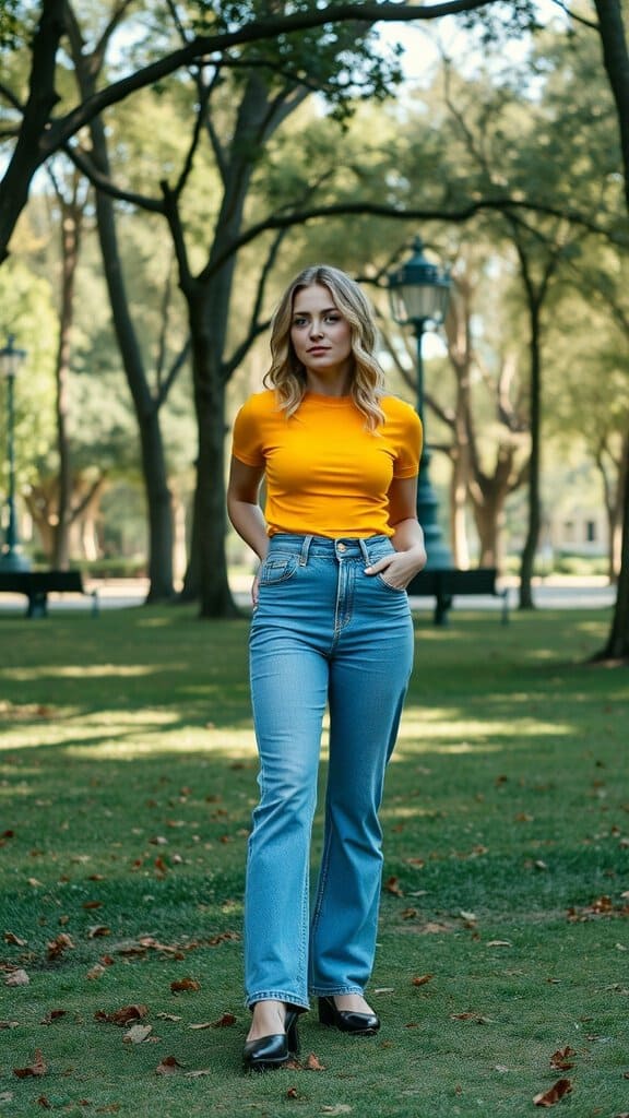 A woman wearing high-waisted mom jeans and a yellow top in a park setting.