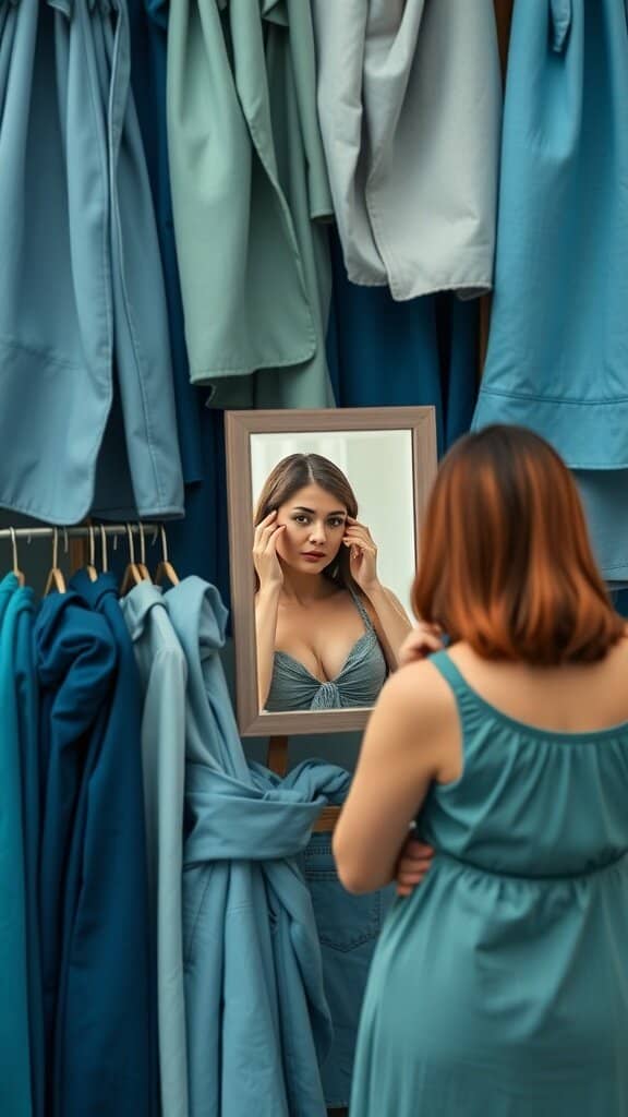 A woman looking in a mirror surrounded by blue and green clothing, contemplating her outfit choice.