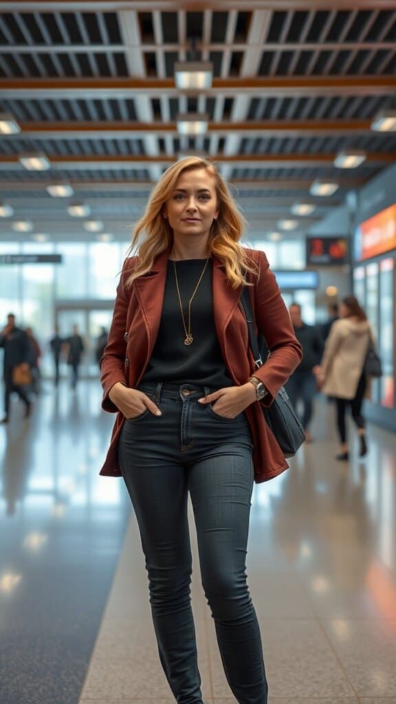 A confident woman standing in a busy area, showcasing a strong posture.