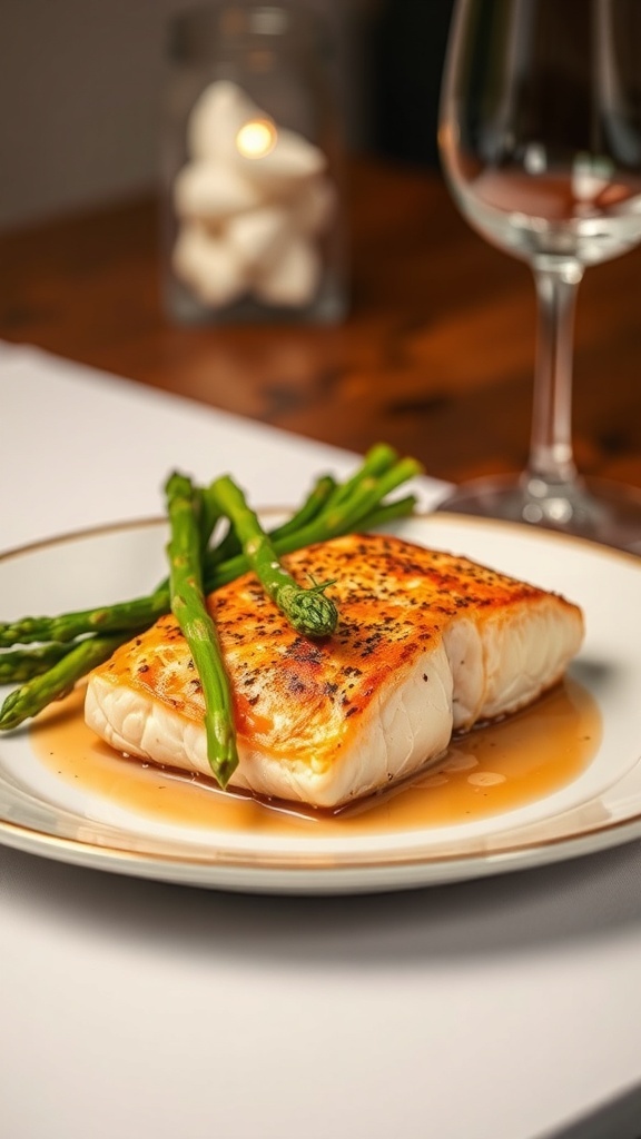 Baked salmon fillet with asparagus on a plate, garnished with lemon juice.